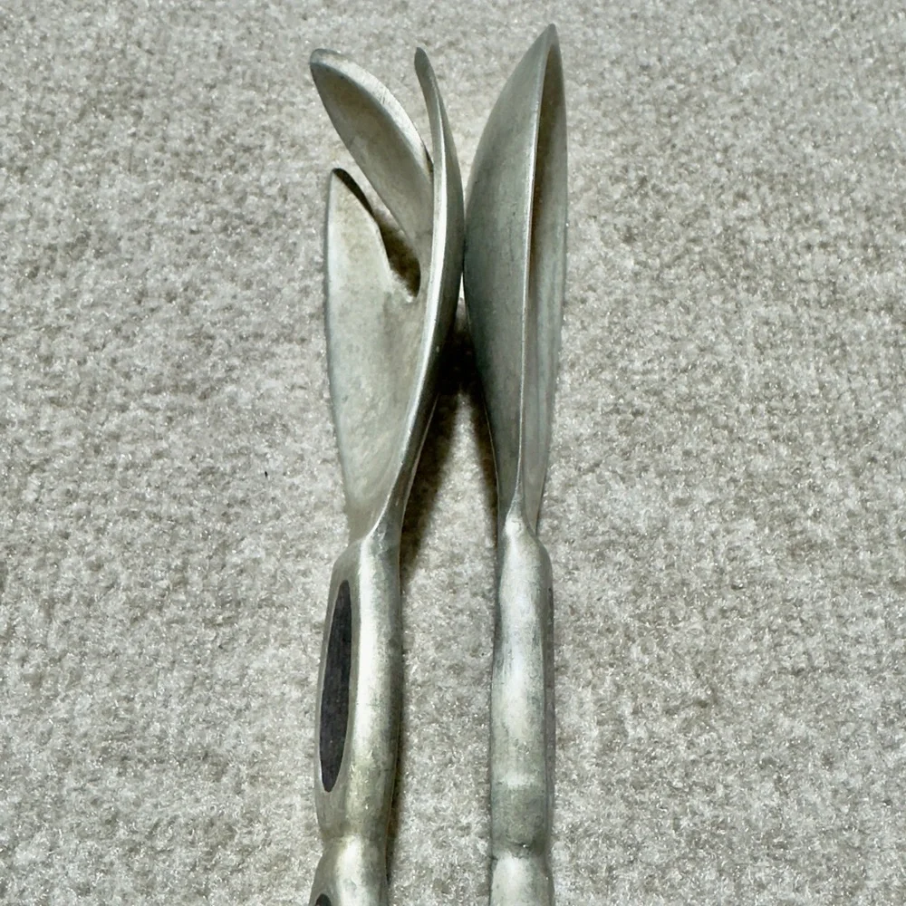 Serving Primitive Spoon Fork Salad Metal Cobalt Blue Glass Inlay VTG Renaissance